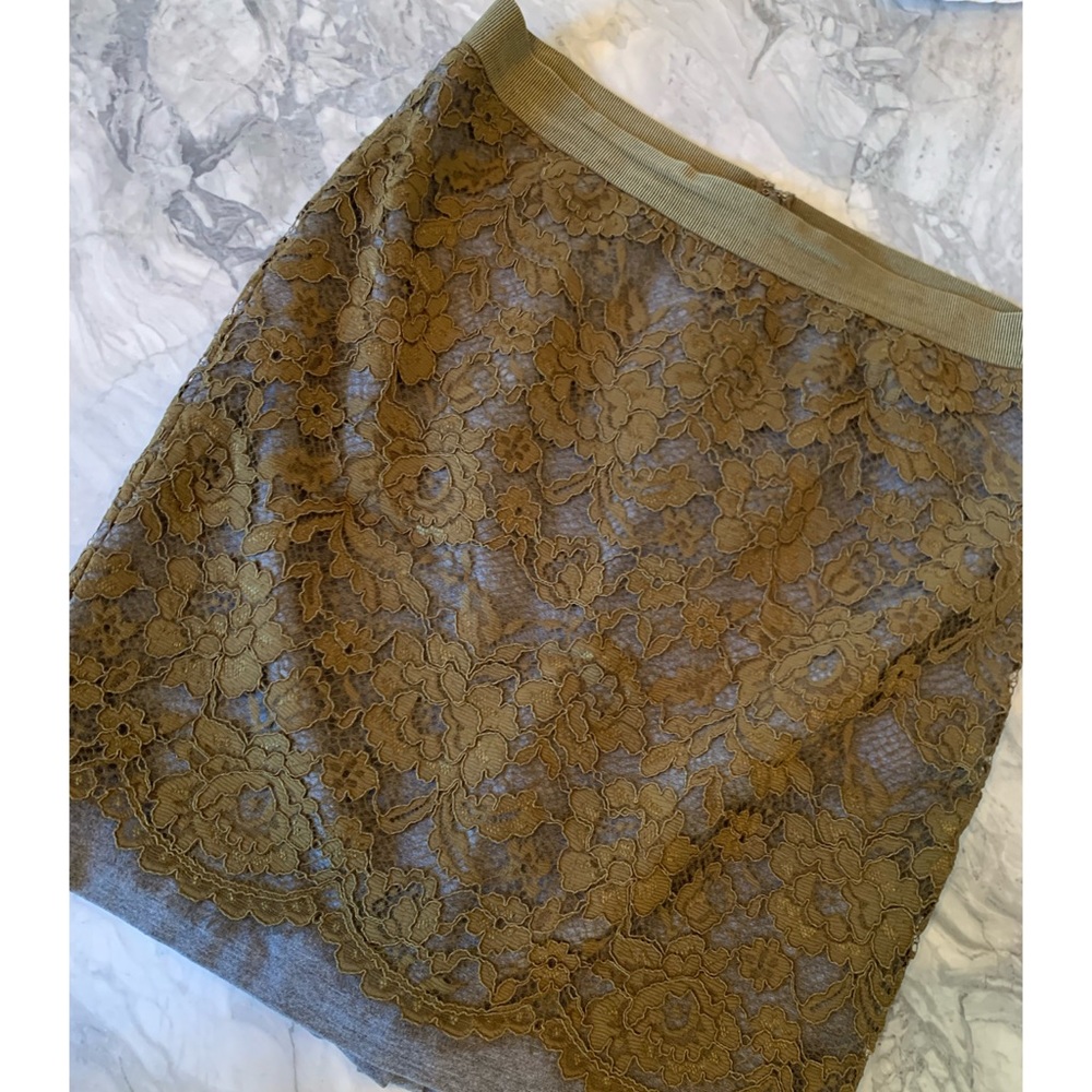 Loft Petites Army Green Lace over Grey Knit Skirt, Size 12P
